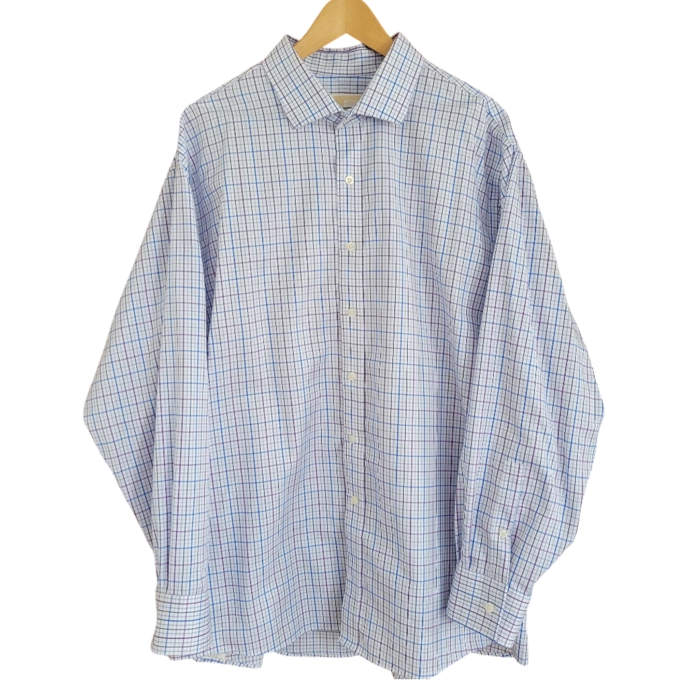MICHAEL Michael Kors Dress Shirt Mens 18 1/2, 34/35 Blue Plaid Cotton Non Iron